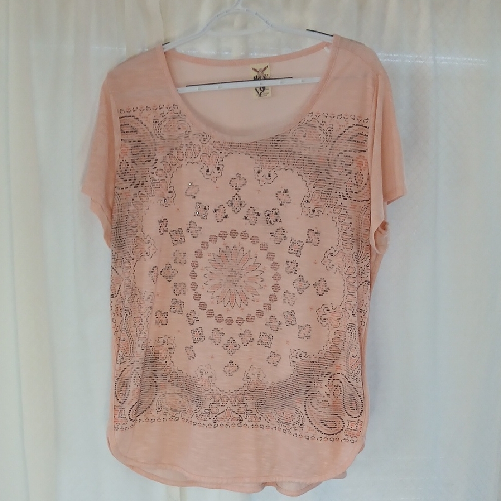 Faded Glory Peach Bohemian Style Paisley Floral Short Sleeve Top
